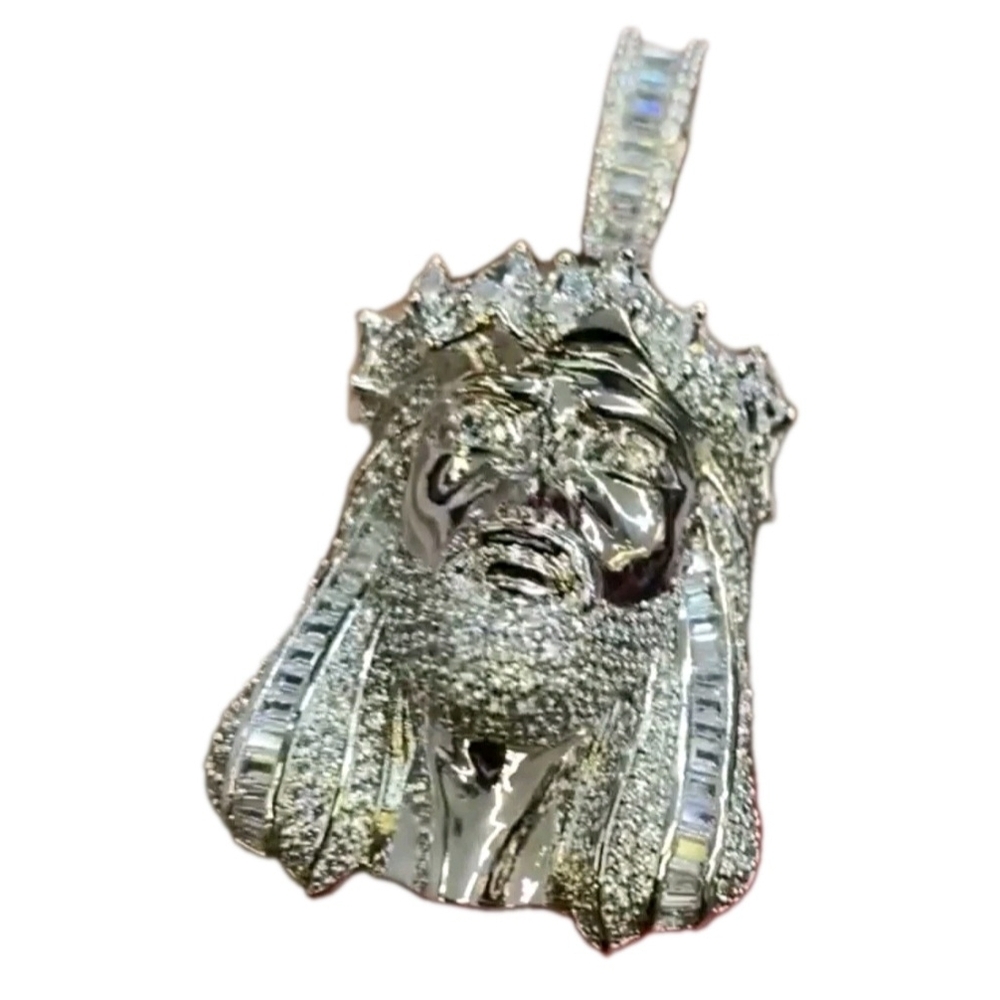 Jesus Pendant/ White Gold Plated .925 Sterling Silver w Mossinite Clear  Stones - Picture 7 of 12